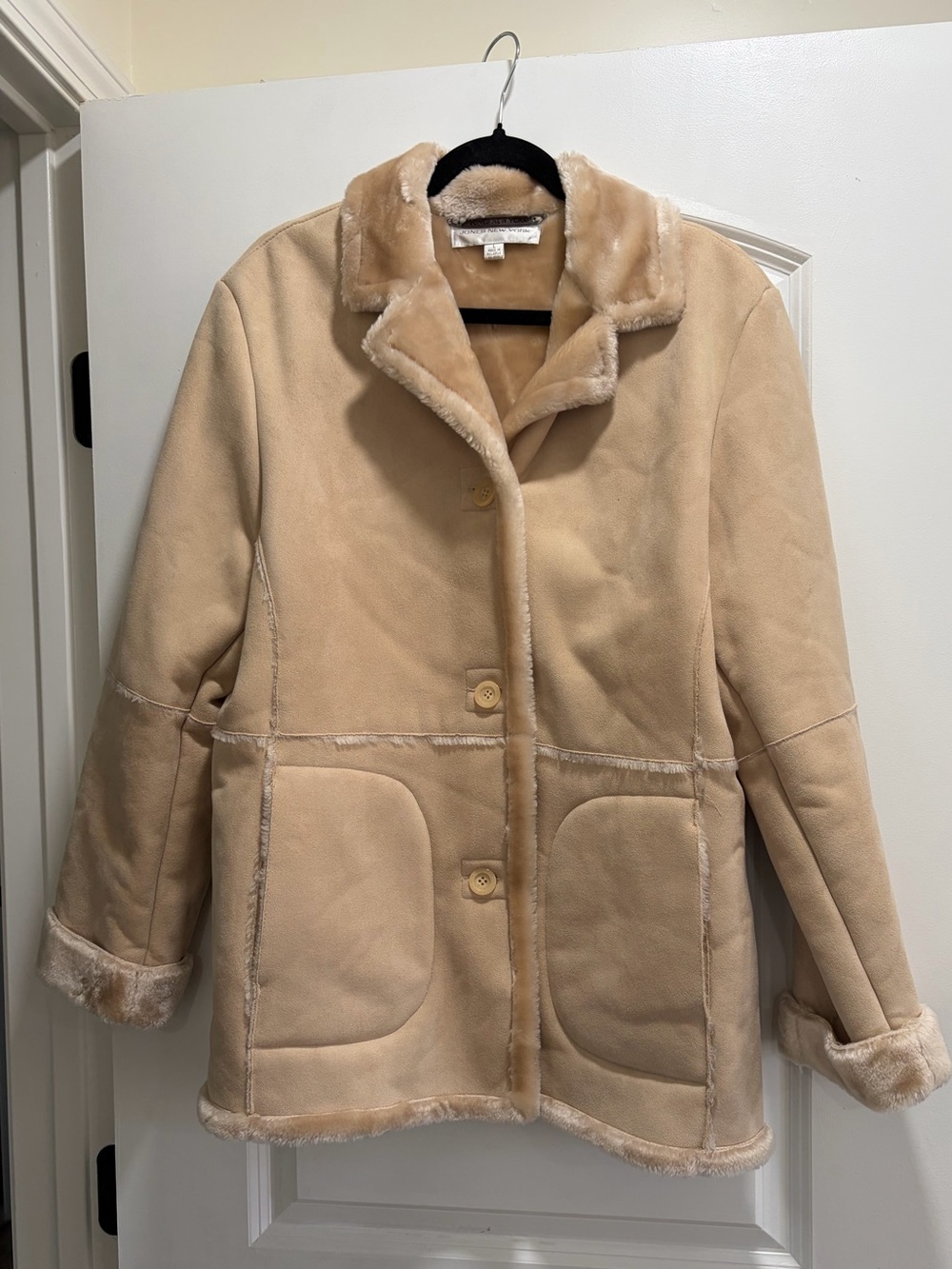 Jones New York Vintage Y2K Tan Faux Suede & Fur Trim Winter Coat Large
